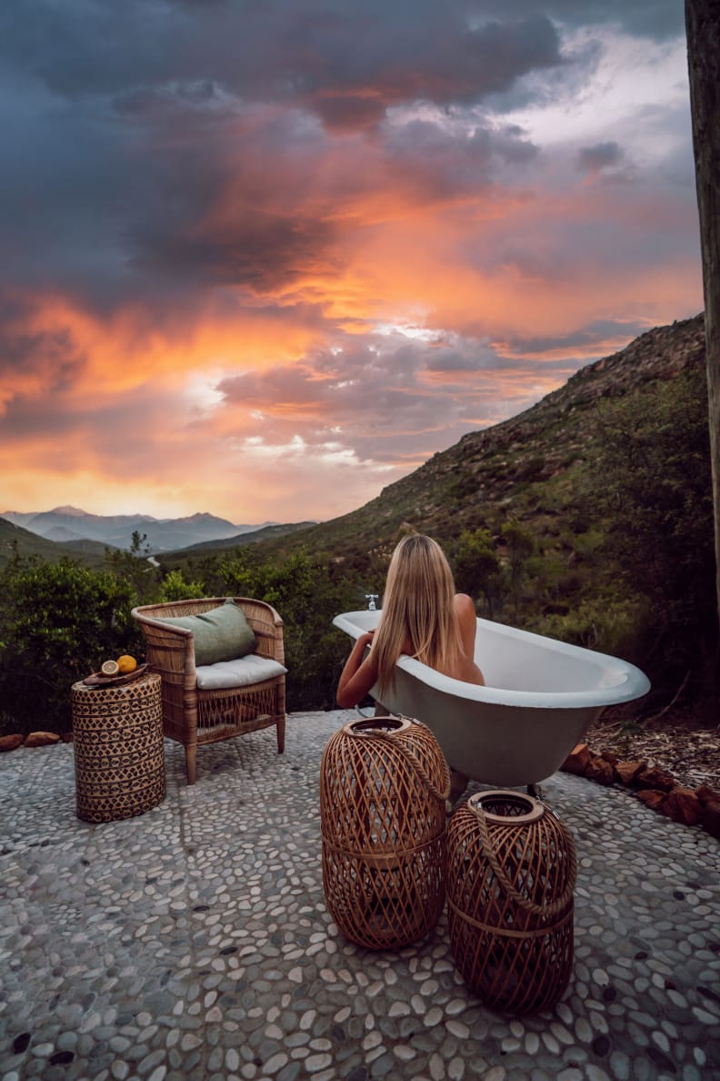 Outdoor bath at sunset